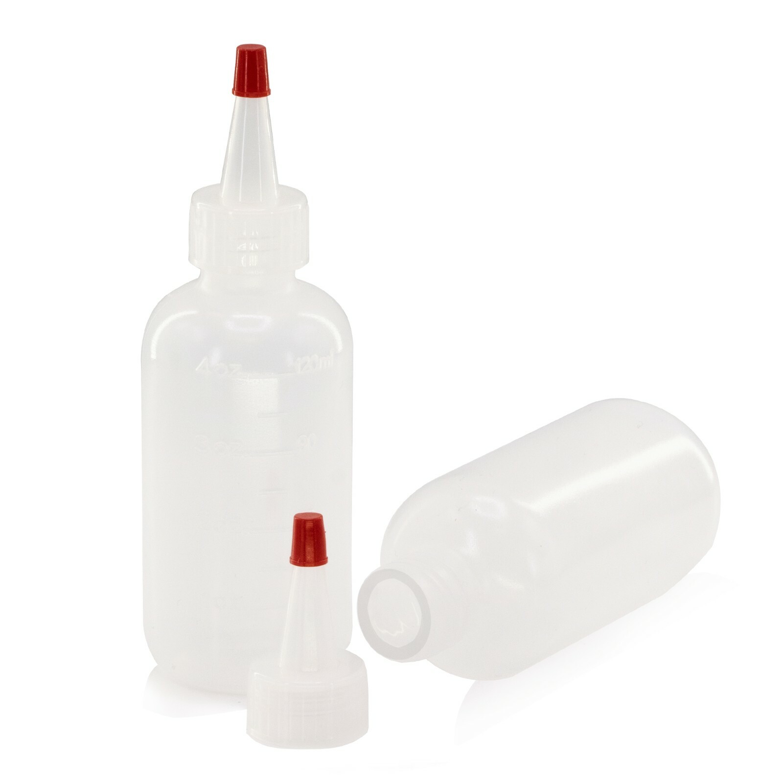 12 pack of 4oz (120mL) Plastic Boston Round Squeeze Bottles + Yorker Caps LDPE