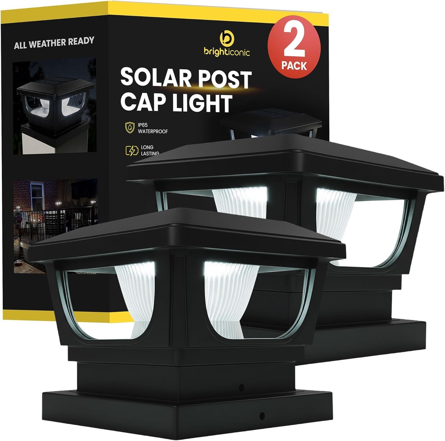 Solar Post Cap Lights for 3x3, 4X4, 5x5 Posts - BLACK (2 PACK) BICSGL-12BLK