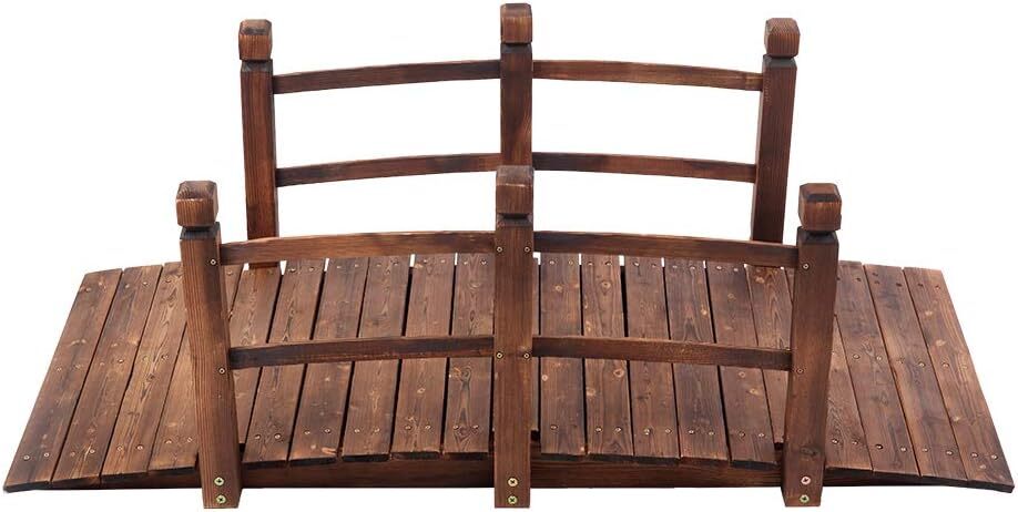 5 ft Garden Wooden Bridge Arch Stained Finish w/Safety Rails Outdoor Footbridge