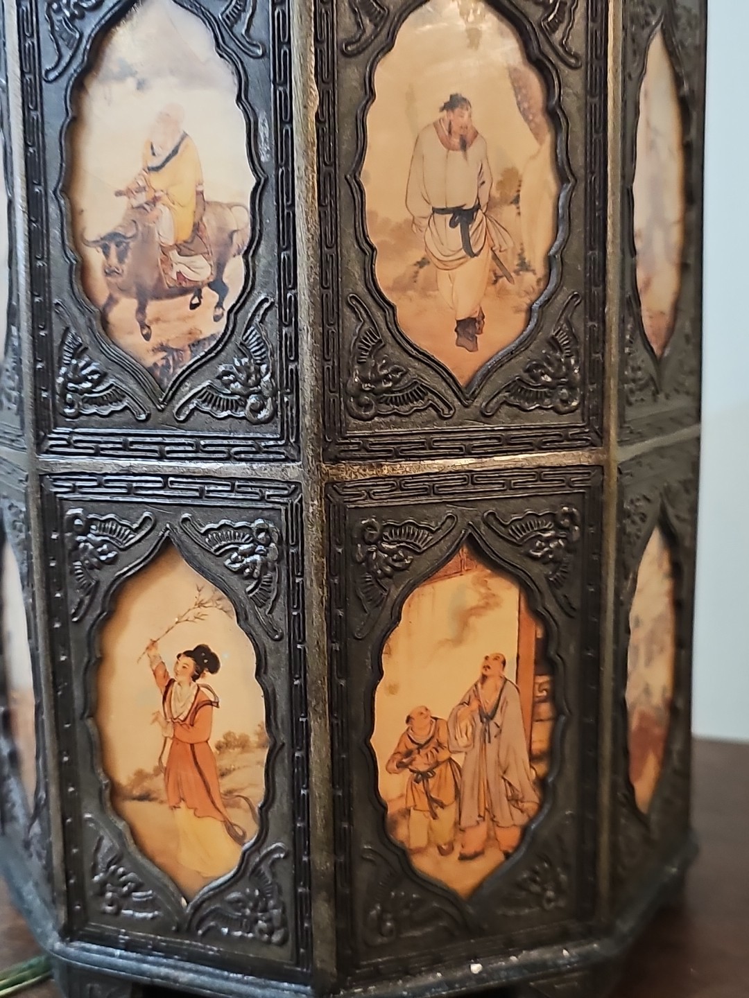 Antique Pewter Tea Caddy Canister w/ 18 Glass Scenes Reverse Painted Panels LAMP