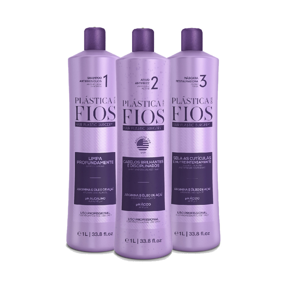 Plastica Dos Fios Keratin Hair Treatment, 33 oz, 3 Piece Set, US Original