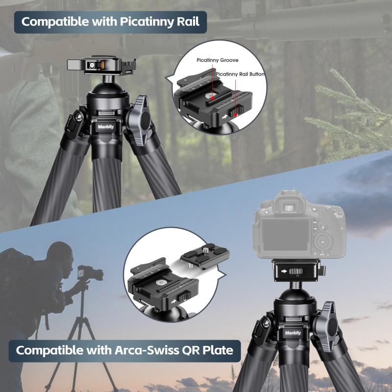Manbily Carbon Fiber Hunting Tripod,Ball Head, Arca Swiss&Picatinny Adapter -US
