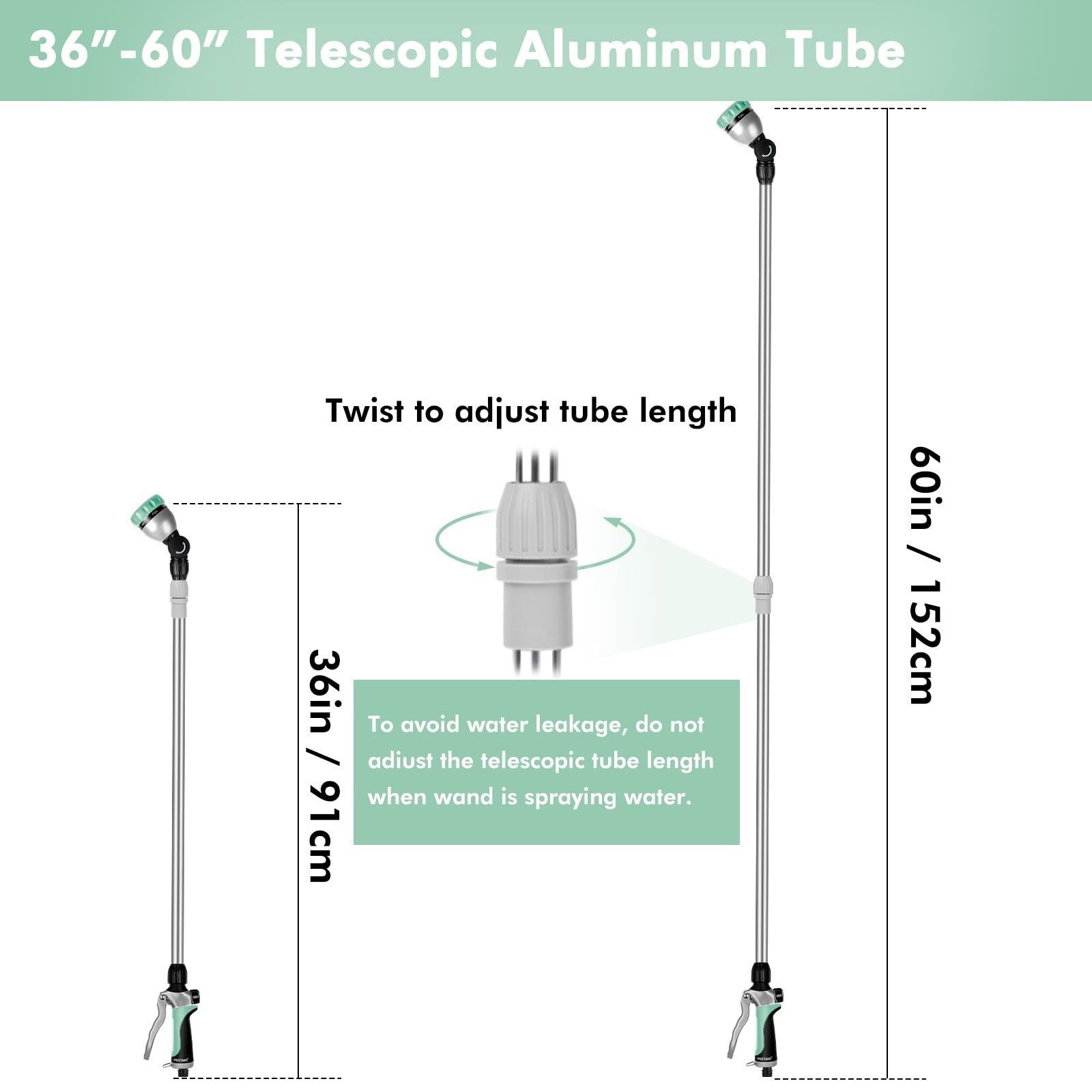 36”-60” Metal Watering Wand, Long Telescopic Tube | 180° Adjustable Ratchetin...