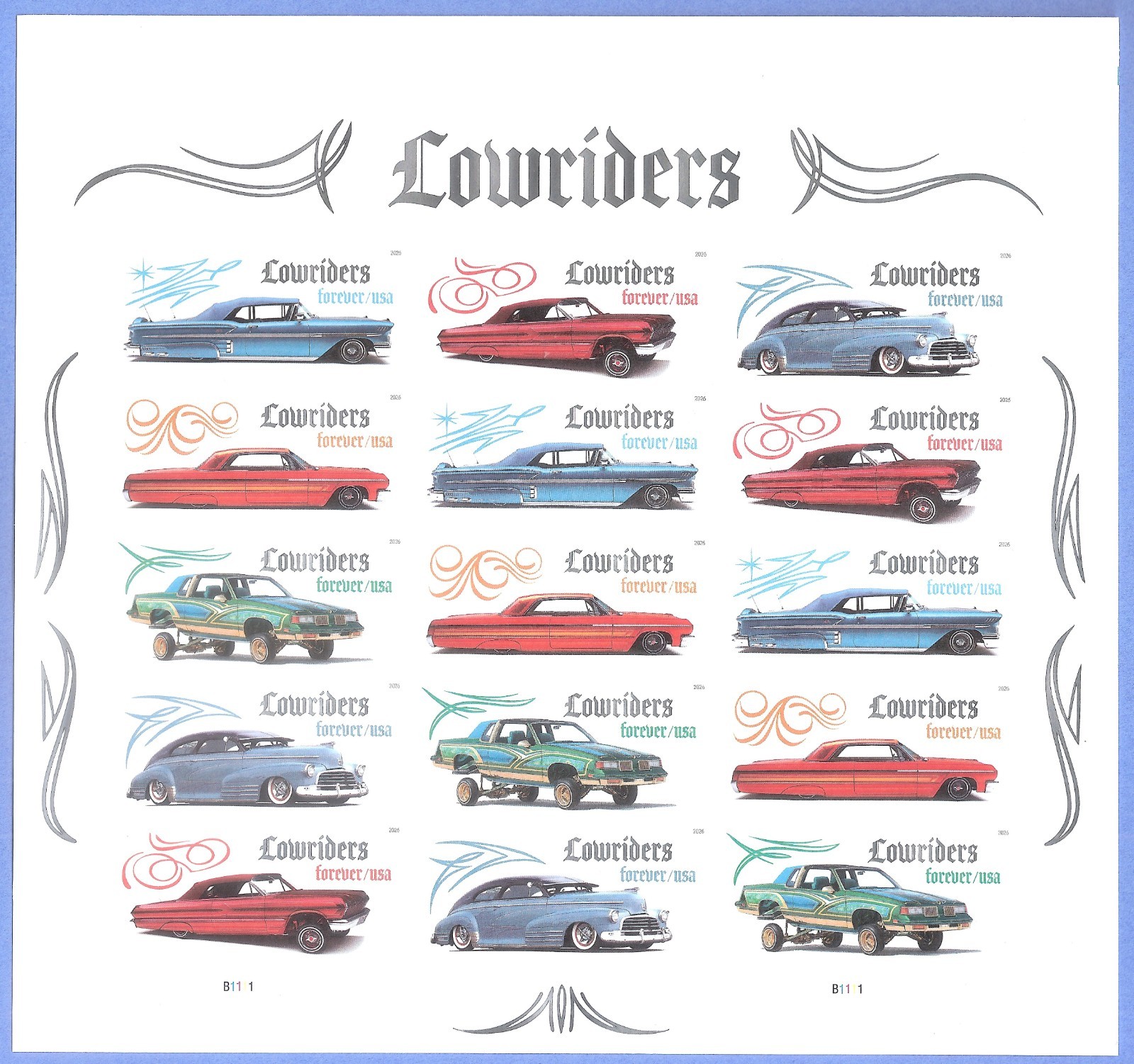 2026 US Imperf Lowriders Pane of 15 Imperforate, No Die Cuts, VF - XF