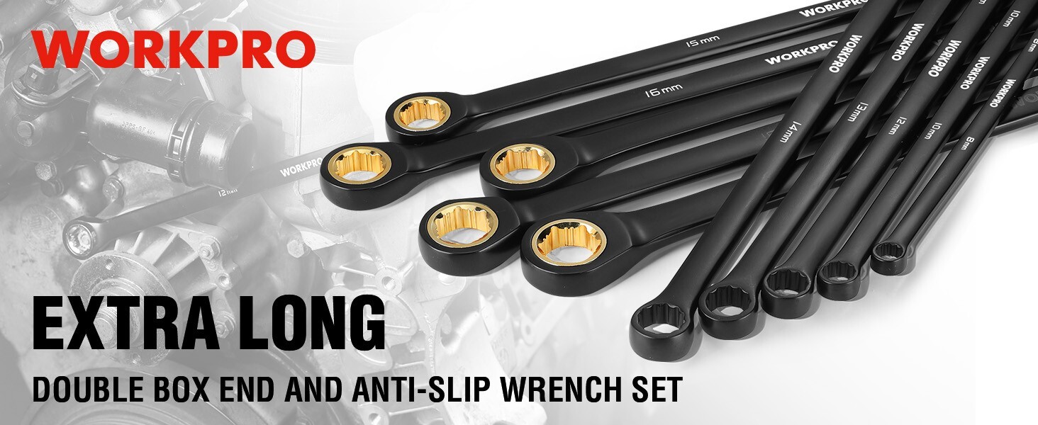 WORKPRO Extra Long Ratcheting Wrench Set-10PC Combination Anti-Slip Metri-8-19mm