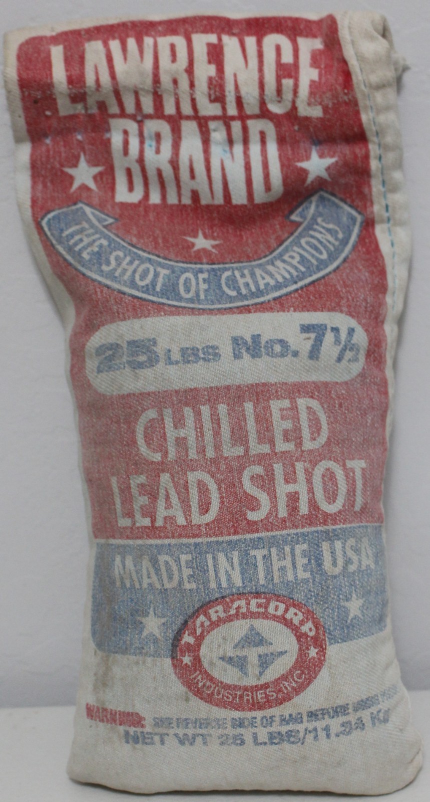 Vintage Cloth Bag 25lb LAWRENCE BRAND CHILLED LEAD SHOT No. 7 1/2 EMPTY BAG ONLY