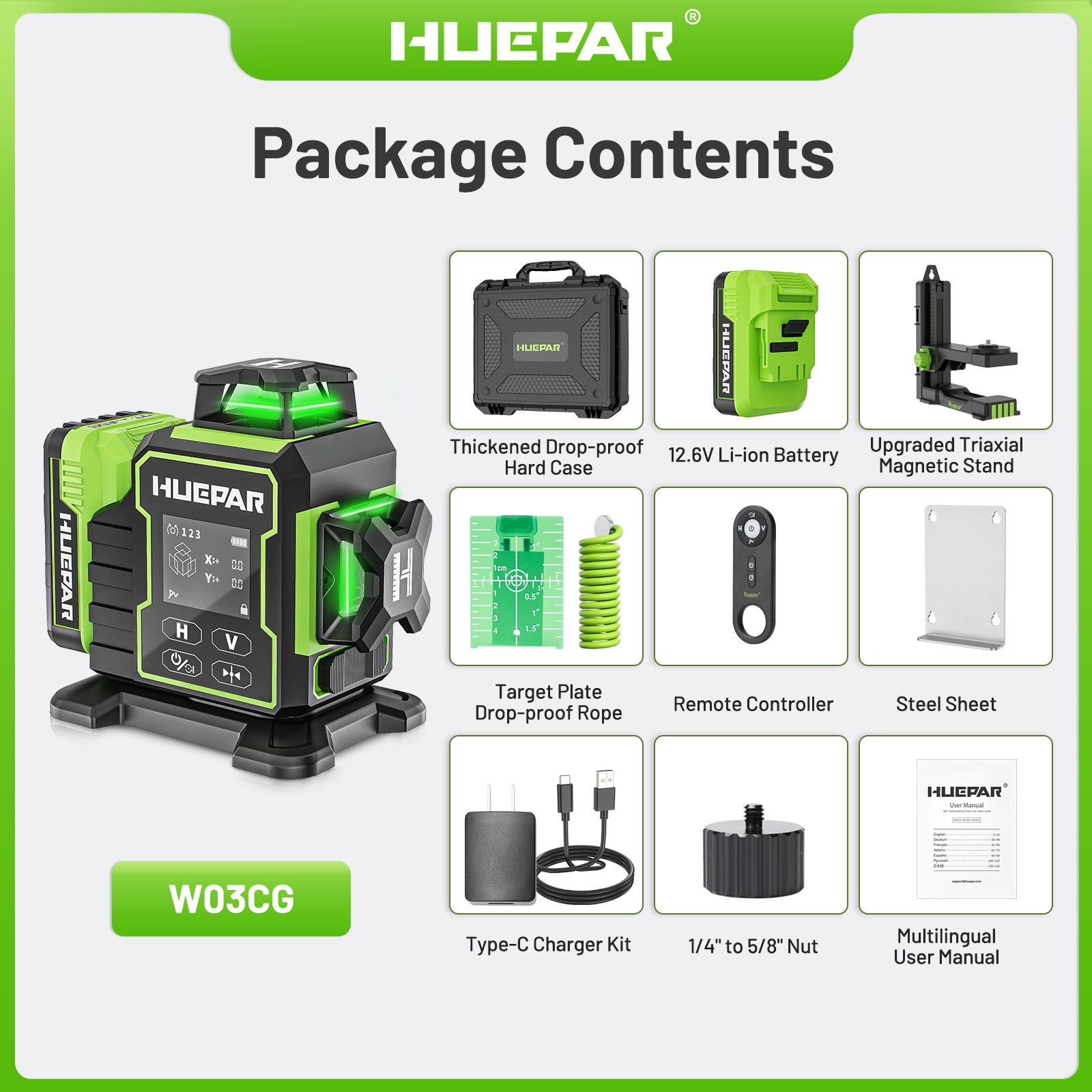 Huepar 3x360° Green Cross Line Bluetoothed Laser Level with Large LCD Screen
