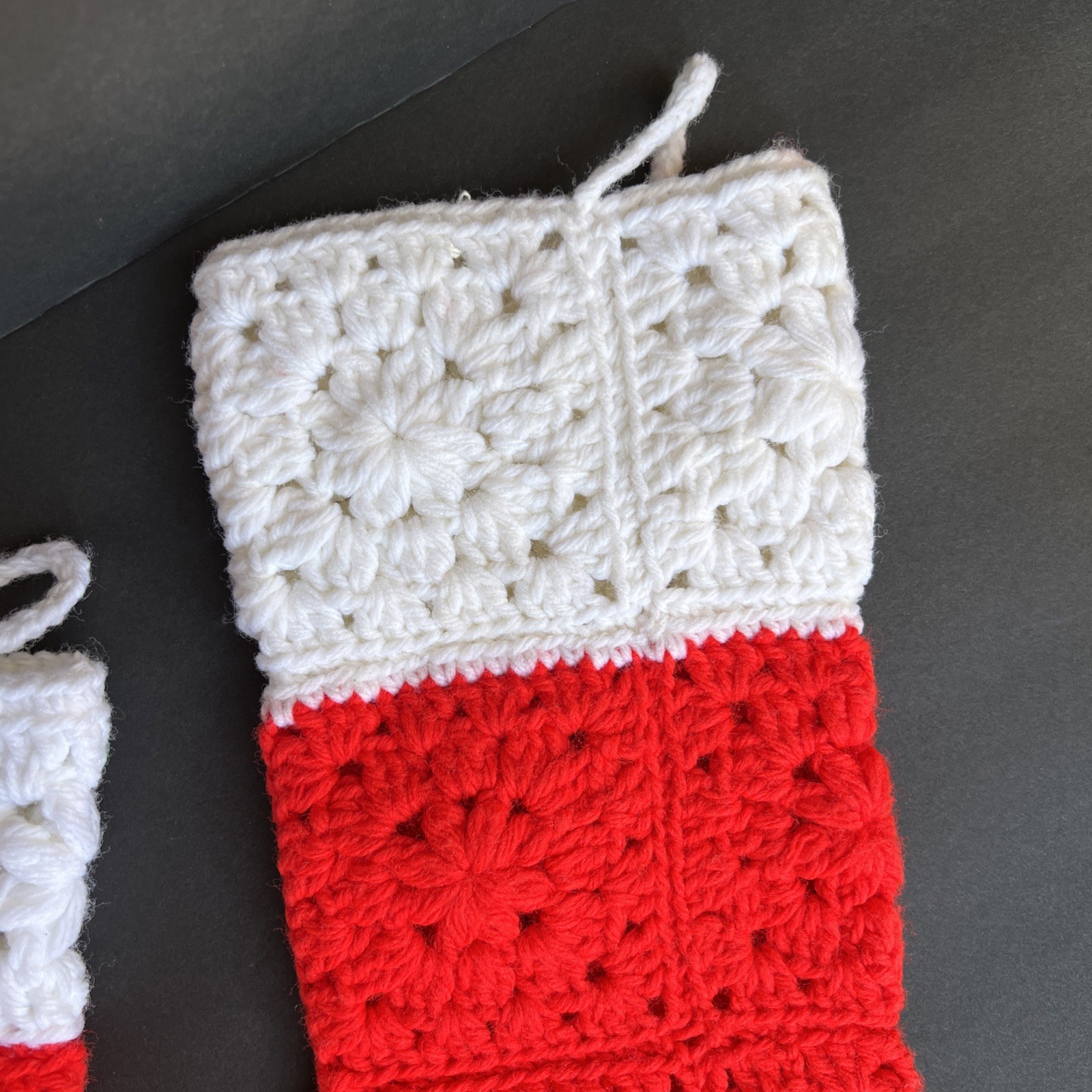 VTG Crochet Christmas Stockings Pair Red White Granny Squares Handmade 21” & 17”