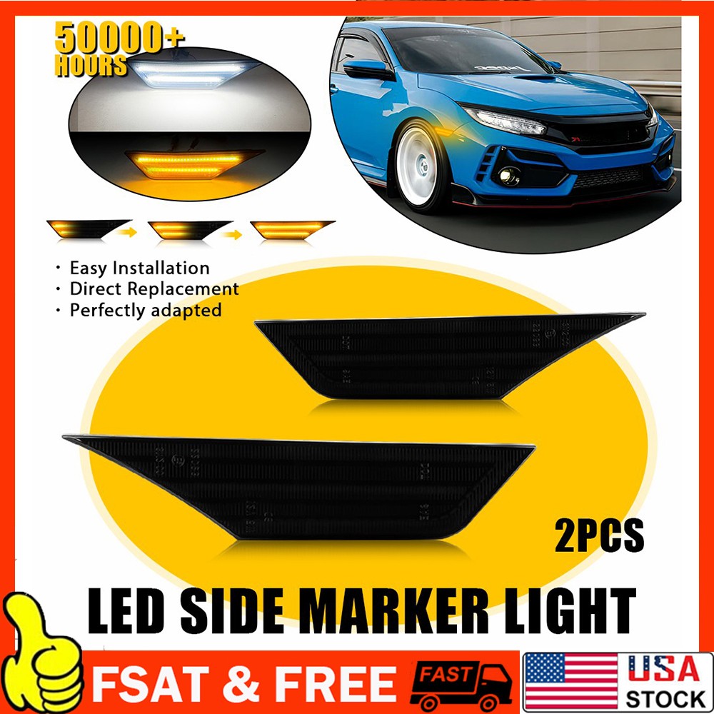 Smoked Sequential Signal LED Side Marker Lights For 16-21 Honda Civic 1-10Set