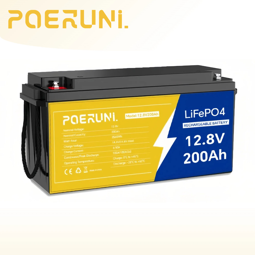 POERUNI 12V 200Ah LiFePO4 Lithium Battery 15000+ Deep Cycle BMS for Solar RV NEW