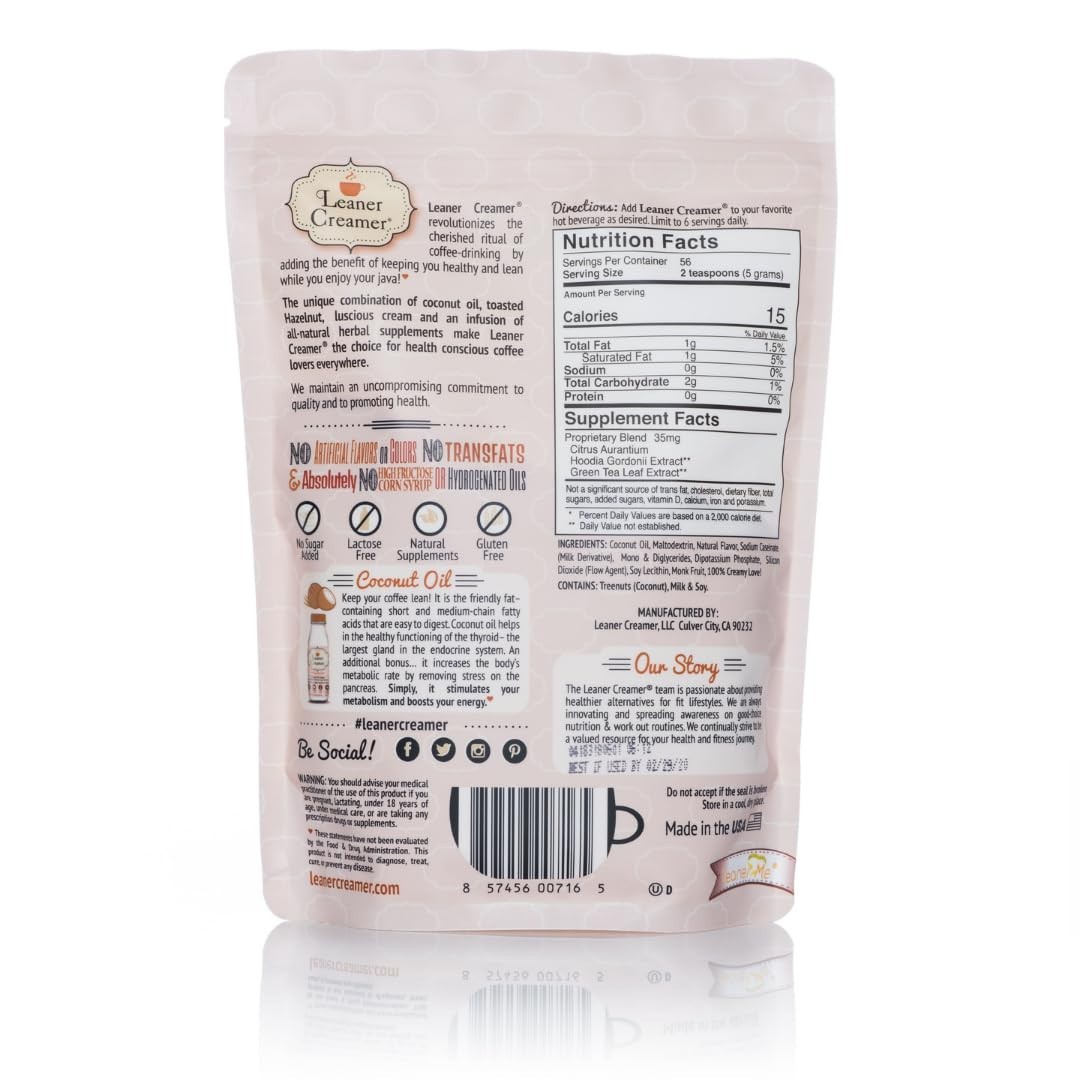 Leaner Creamer, Coconut Oil Coffee Creamer, Hazelnut Flavored , 9.87 oz (280 g)