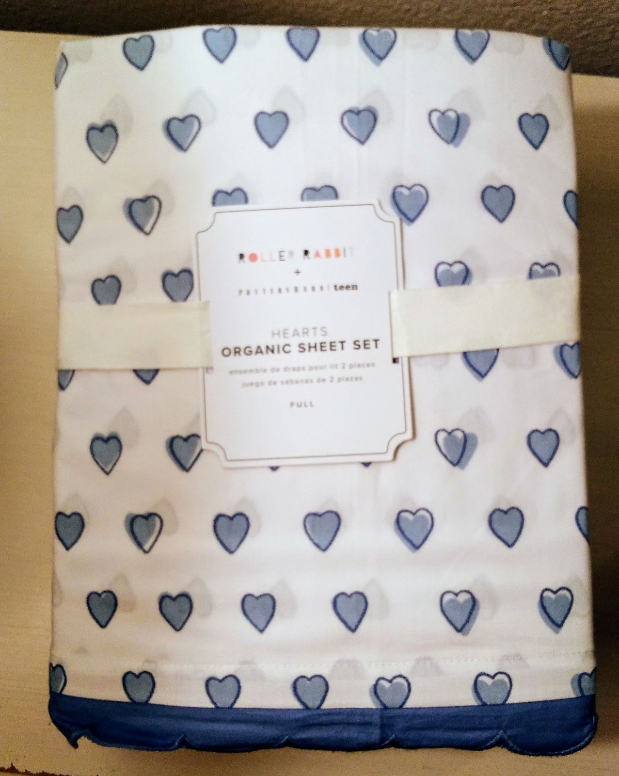 Pottery Barn Teen ROLLER RABBIT Blue HEARTS Organic Sheet Set Full Size NWT