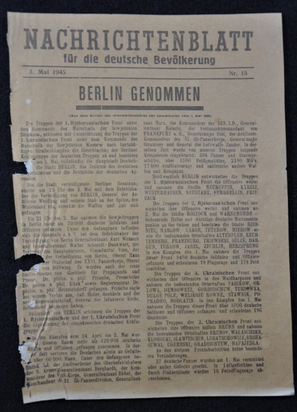 Original Soviet Paper WWII German Battle Berlin 3 May 1945 BERLIN TAKEN - RARE