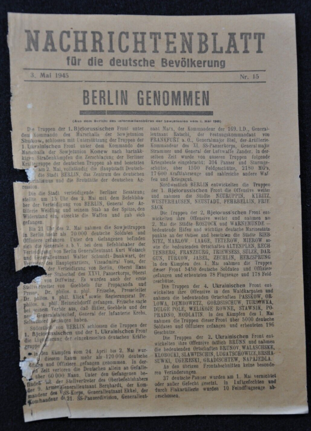 Original Soviet Paper WWII German Battle Berlin 3 May 1945 BERLIN TAKEN - RARE