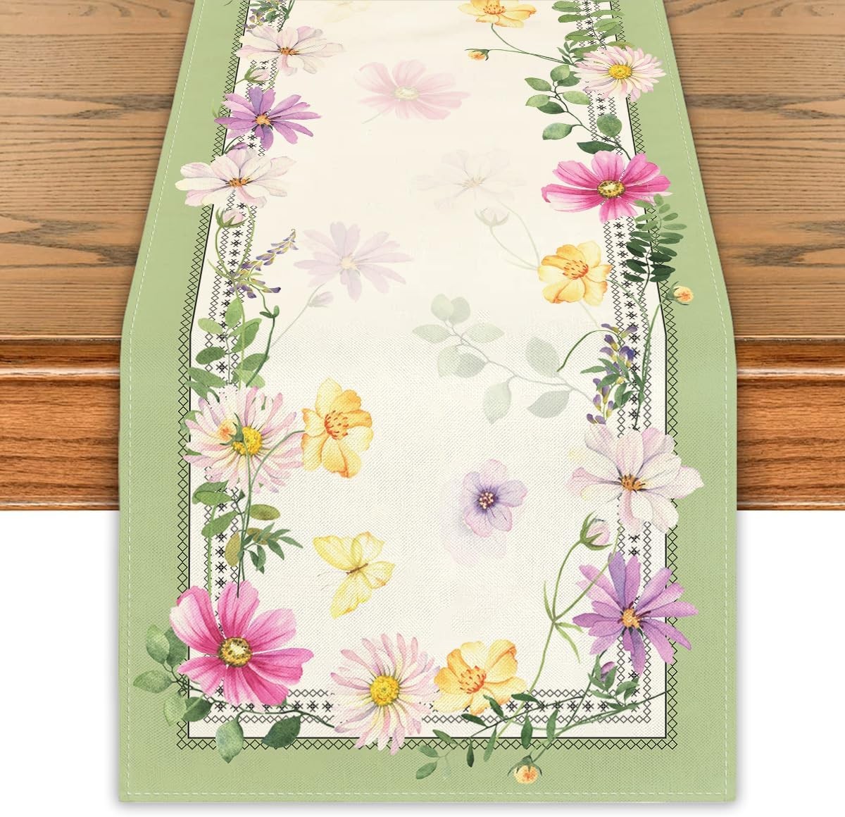 Farmhouse Spring Table Runner Flower Floral Table Cover Pastel Green Leaf Decor