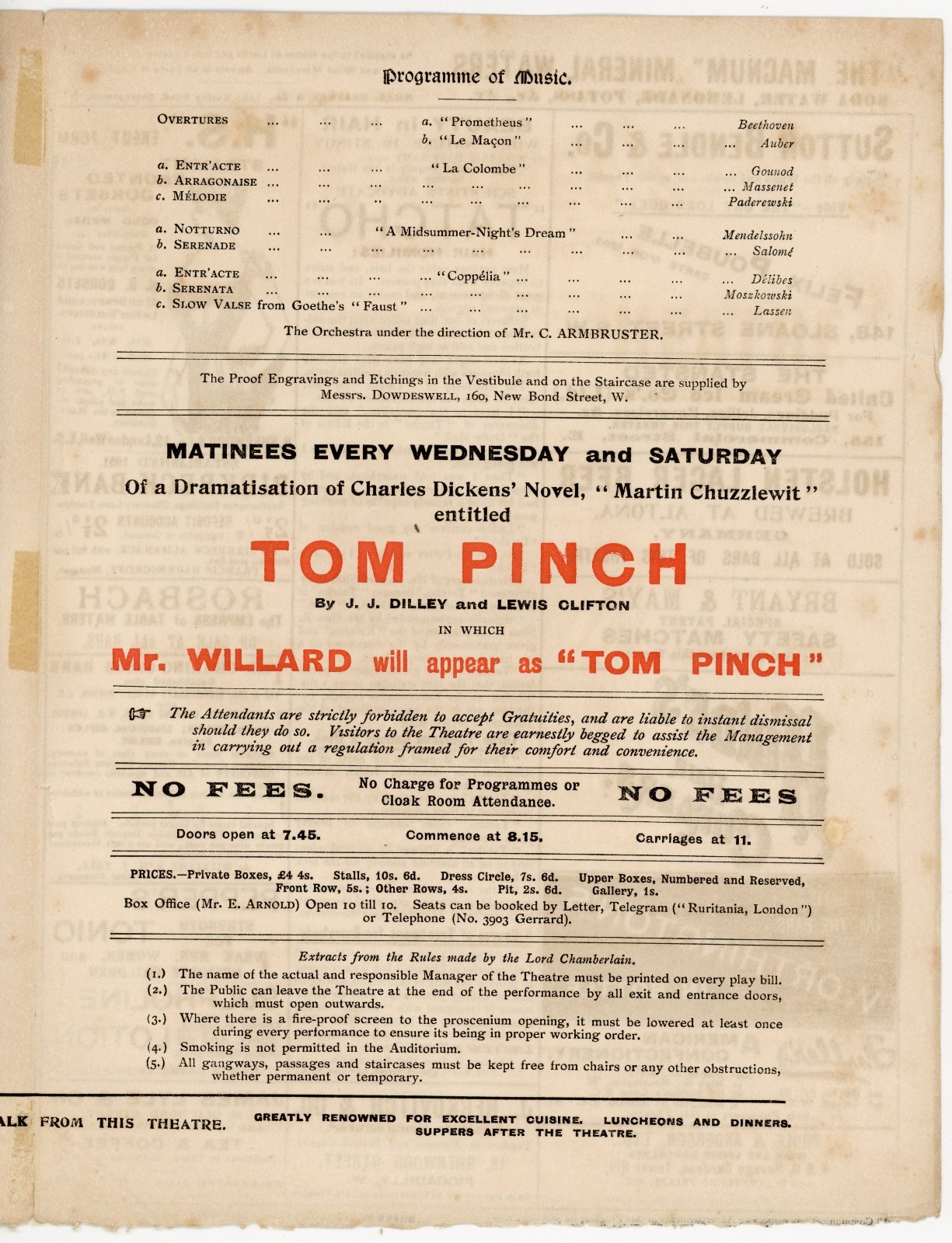 1903 St James’s Theatre “Tom Pinch” Dickens Playbill – E.S. Willard Season