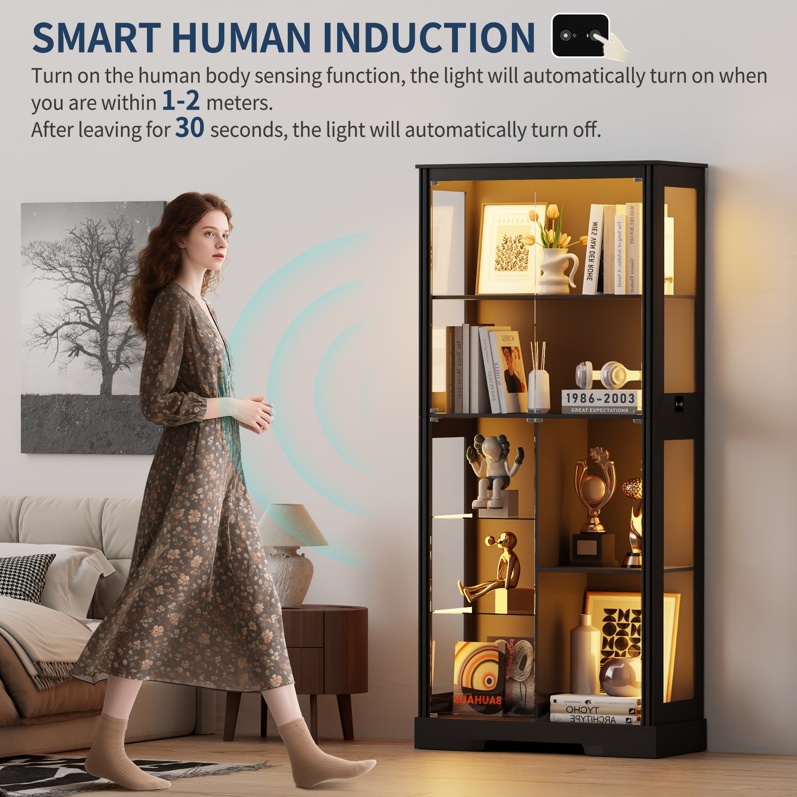 Display Cabinet with Doors, Curio Cabinet with LED Lights and Adjustable Shelves