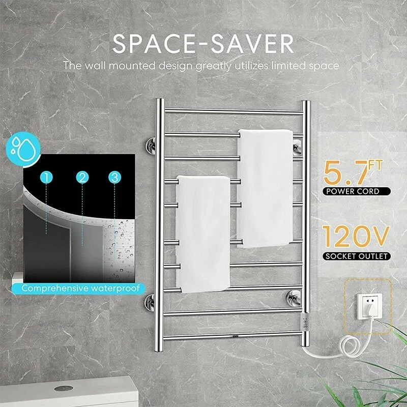Electric Heated rack towel Warmer 10 Stainless Steel Bars Drying Bathroom silver