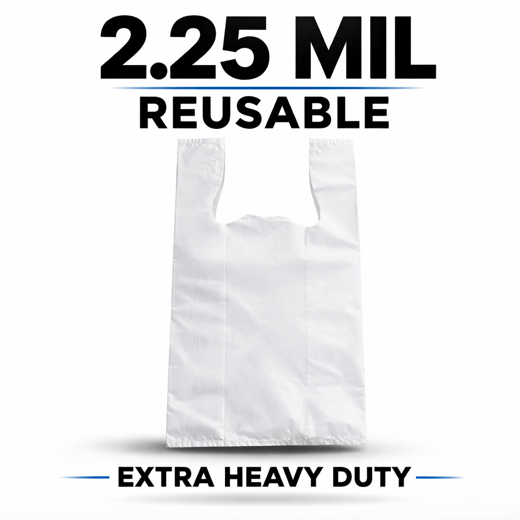 2.25 Mil Reusable Grocery  White T-Shirt Bags 12x7x20 Extra Heavy Duty