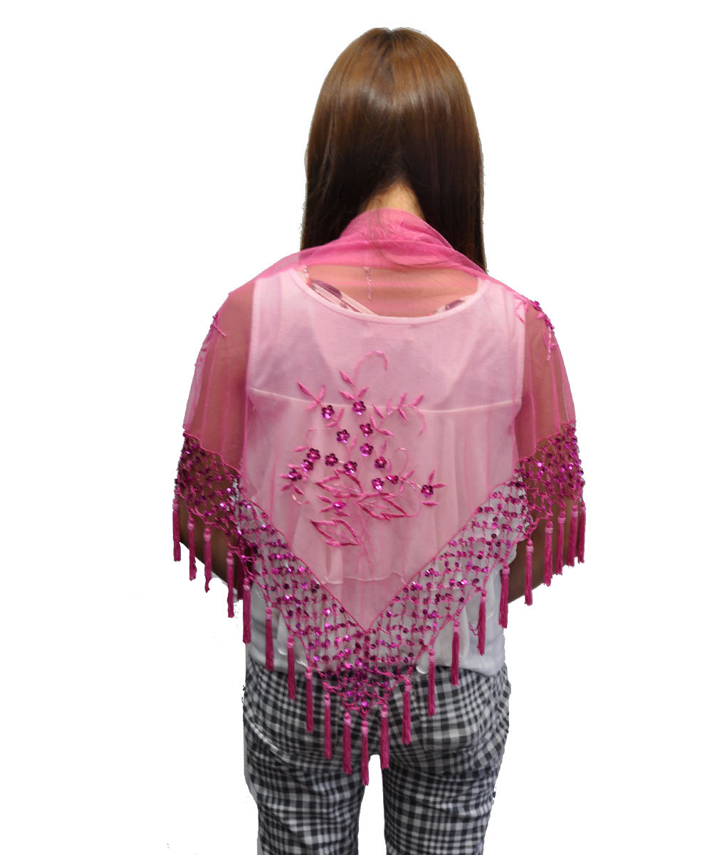 Lady's green color triangle beaded embroidery shawl with tassel