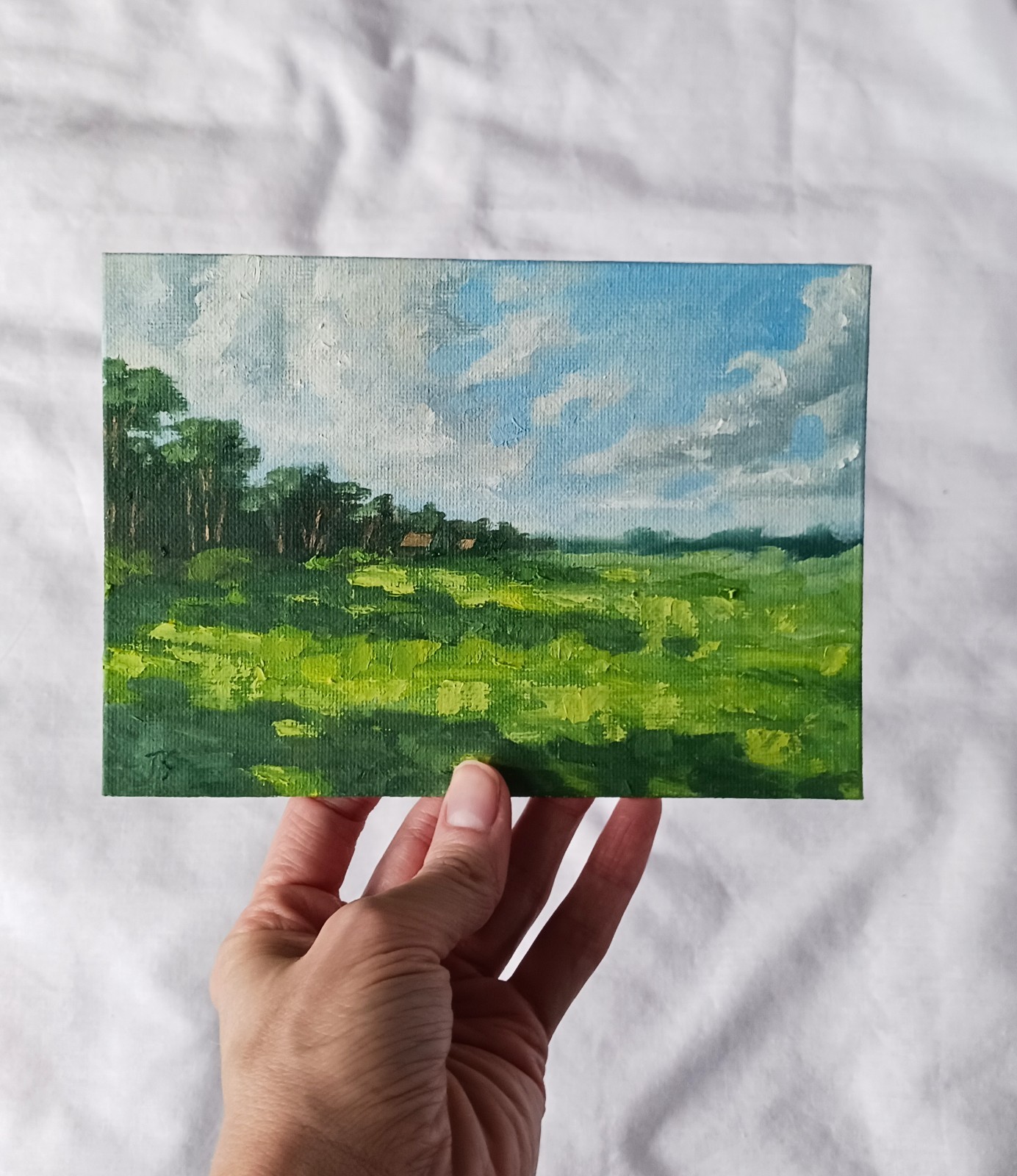 ORIGINAL Oil Painting Modern Impressionism Landscape Green Grass Sun Field 5"x7"