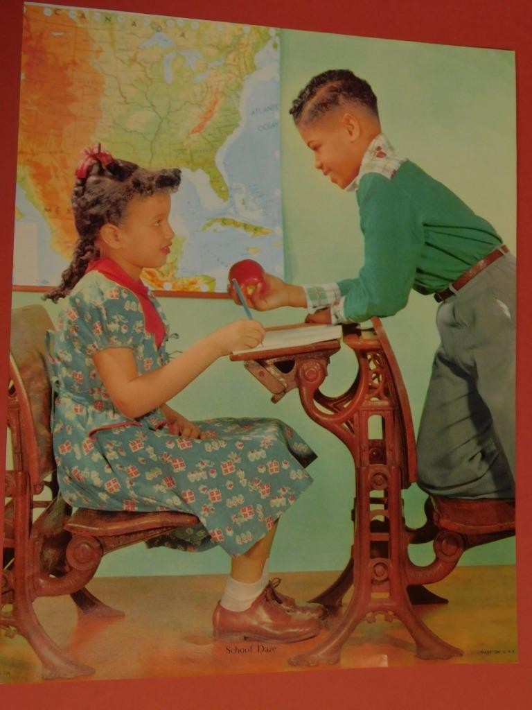 Black Americana Calendar Art Two Children Linked School Desks "School Daze" Blu2