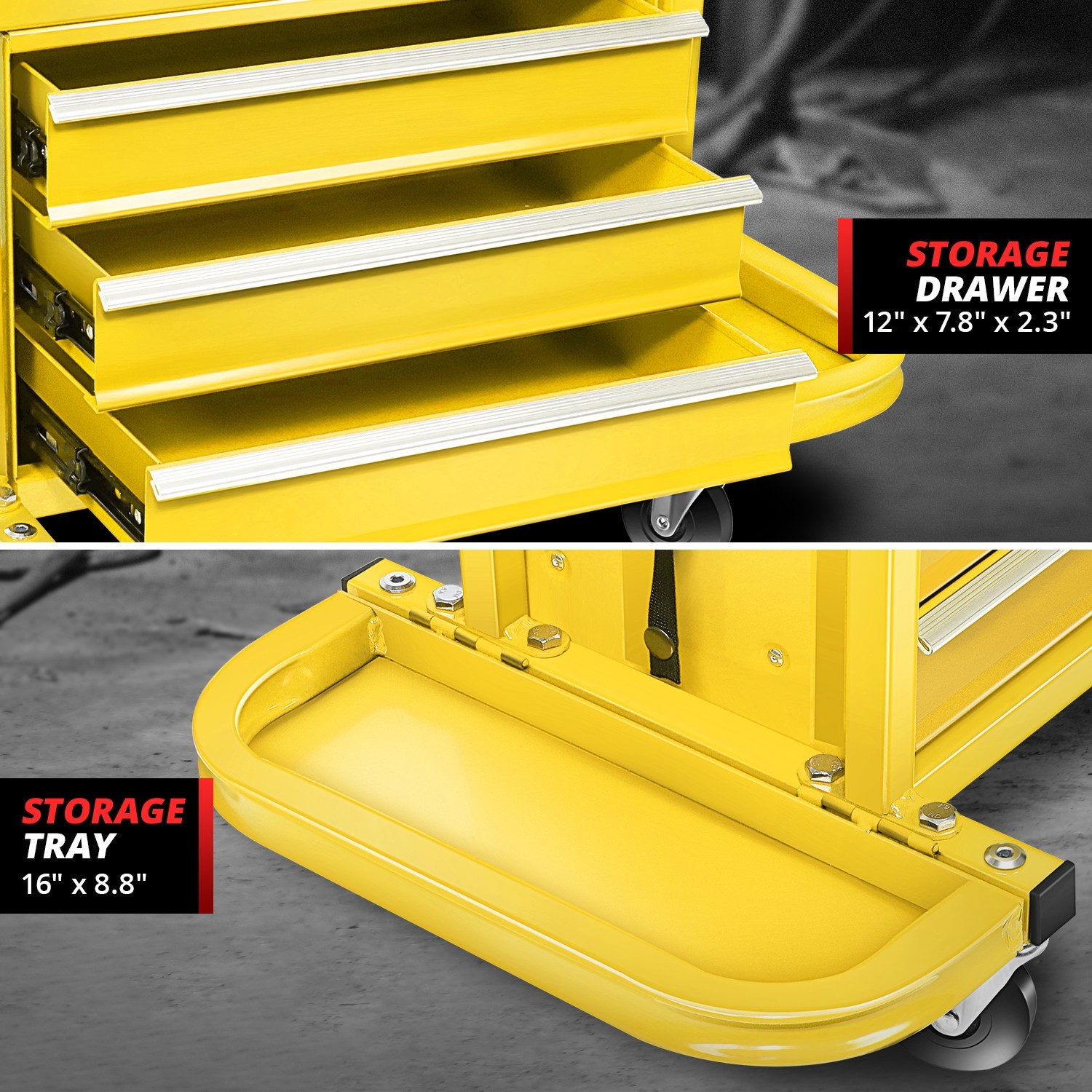 Mechanics Roller Work Seat w/ 3-Drawer Tool Box Storage Tray Padded Stool Yellow