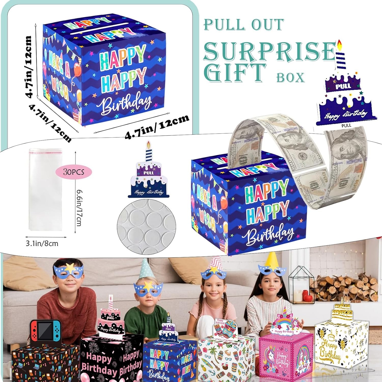 Birthday Money Box for Cash Gift Pull, Surprise Money Roll Gift Box with Pull Ou