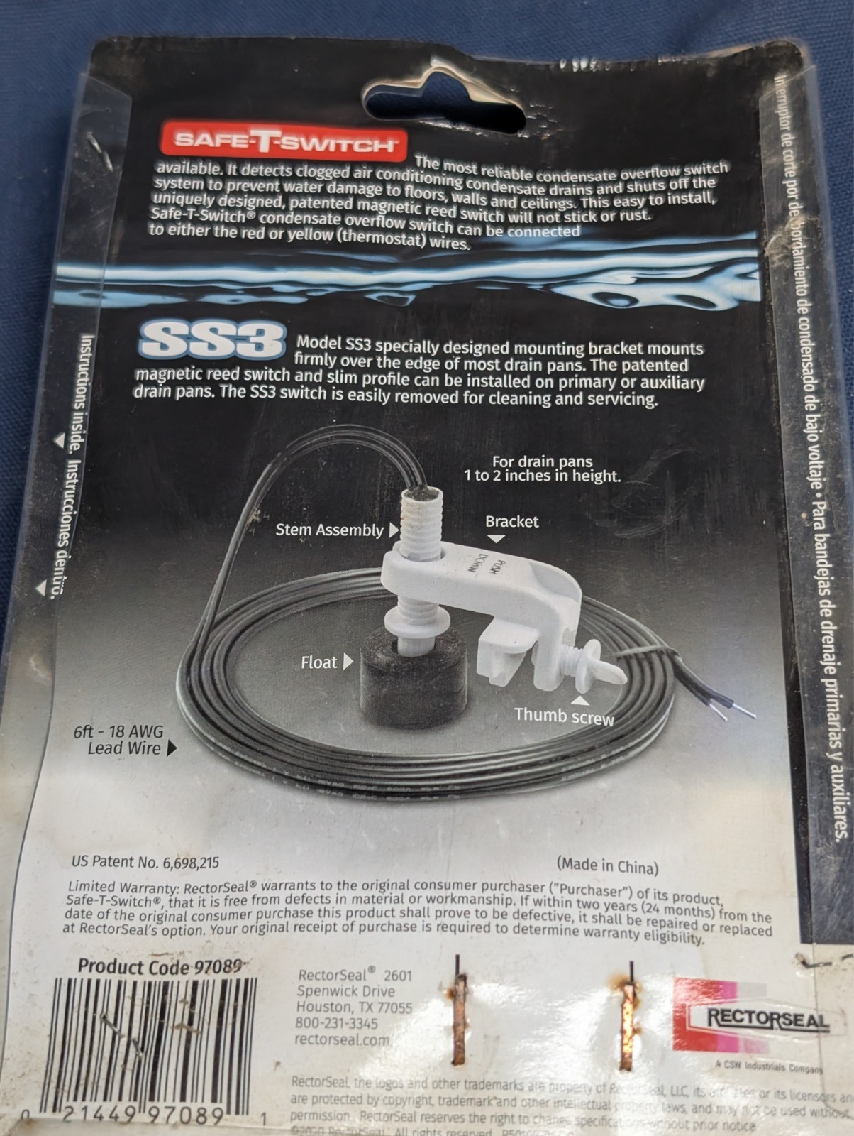 RectorSeal Safe-T-Switch Model SS3, Safe T Switch, Condensate Overflow Shut-Off