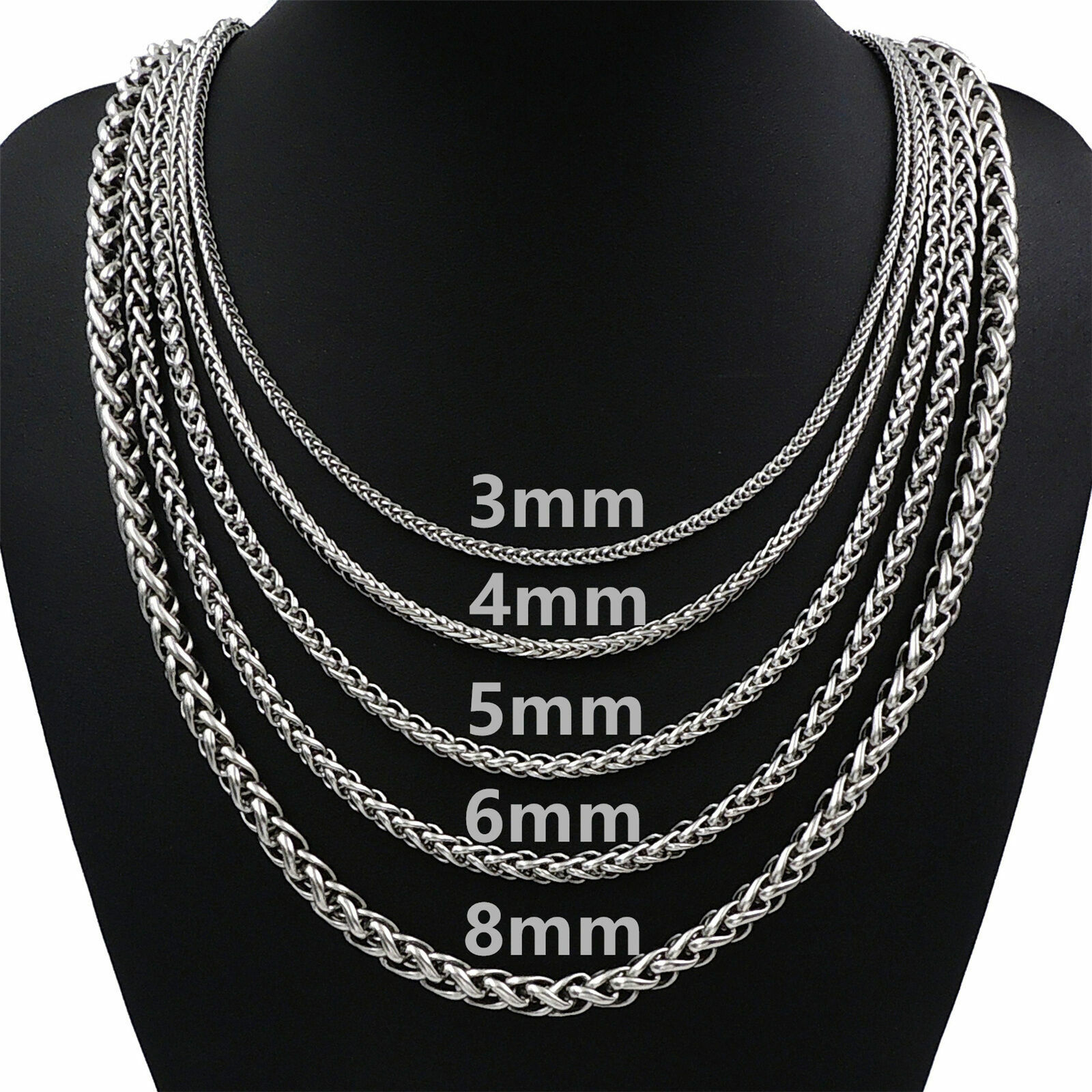 3/4/5/6/8MM Mens Silver Stainless Steel Necklace Wheat Braided Chain 18-30" Gift