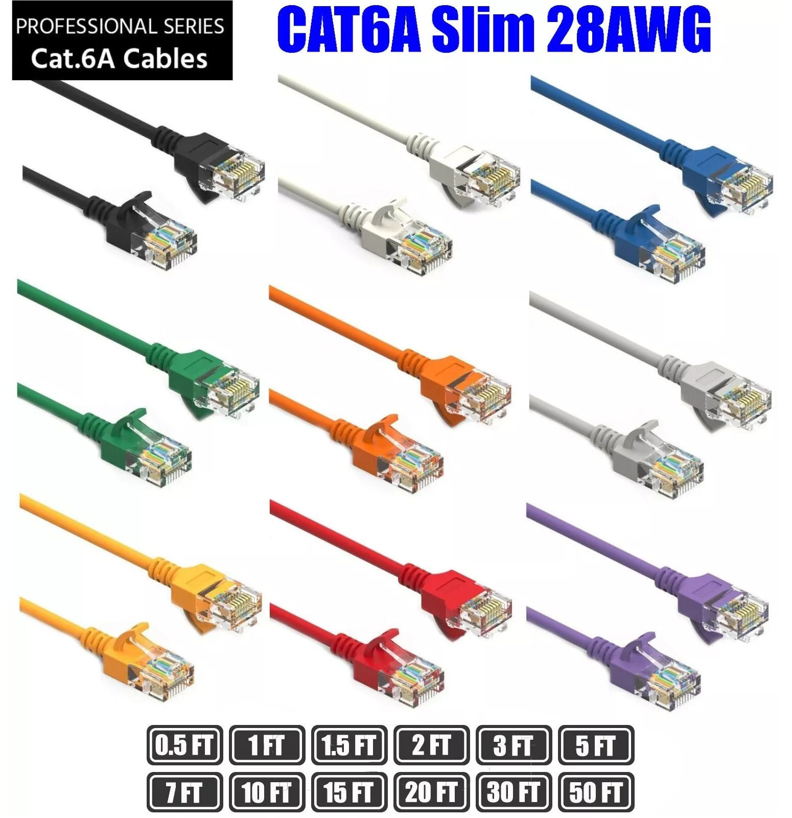 0.5 - 50 Ft CAT6A Slim RJ45 Network LAN Ethernet Copper Wire Color Patch Cable