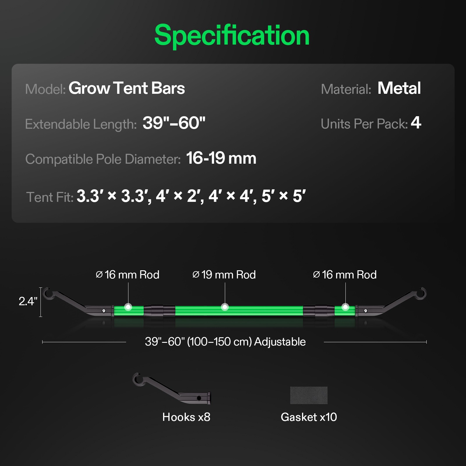 VIVOSUN Grow Tent Mounting Bars Support Pole Kit for 3.3x3.3-5x5ft