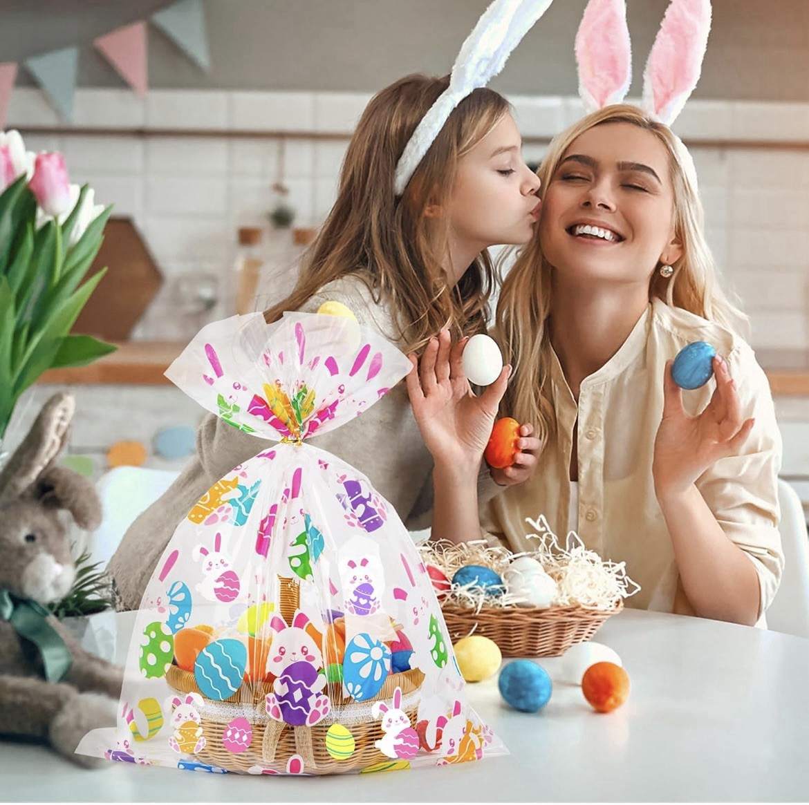 Easter Cellophane Bags 16x24 Inch with Pull Bows 20 Pcs Bunnies & Eggs Design