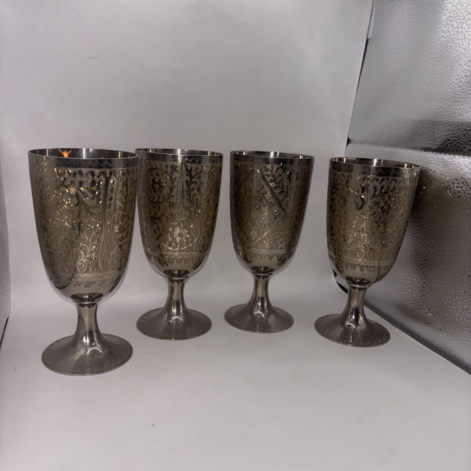 4 ZY India Modern Vine Heavy Wine Goblet Silver Plated 7” Etched Engraved