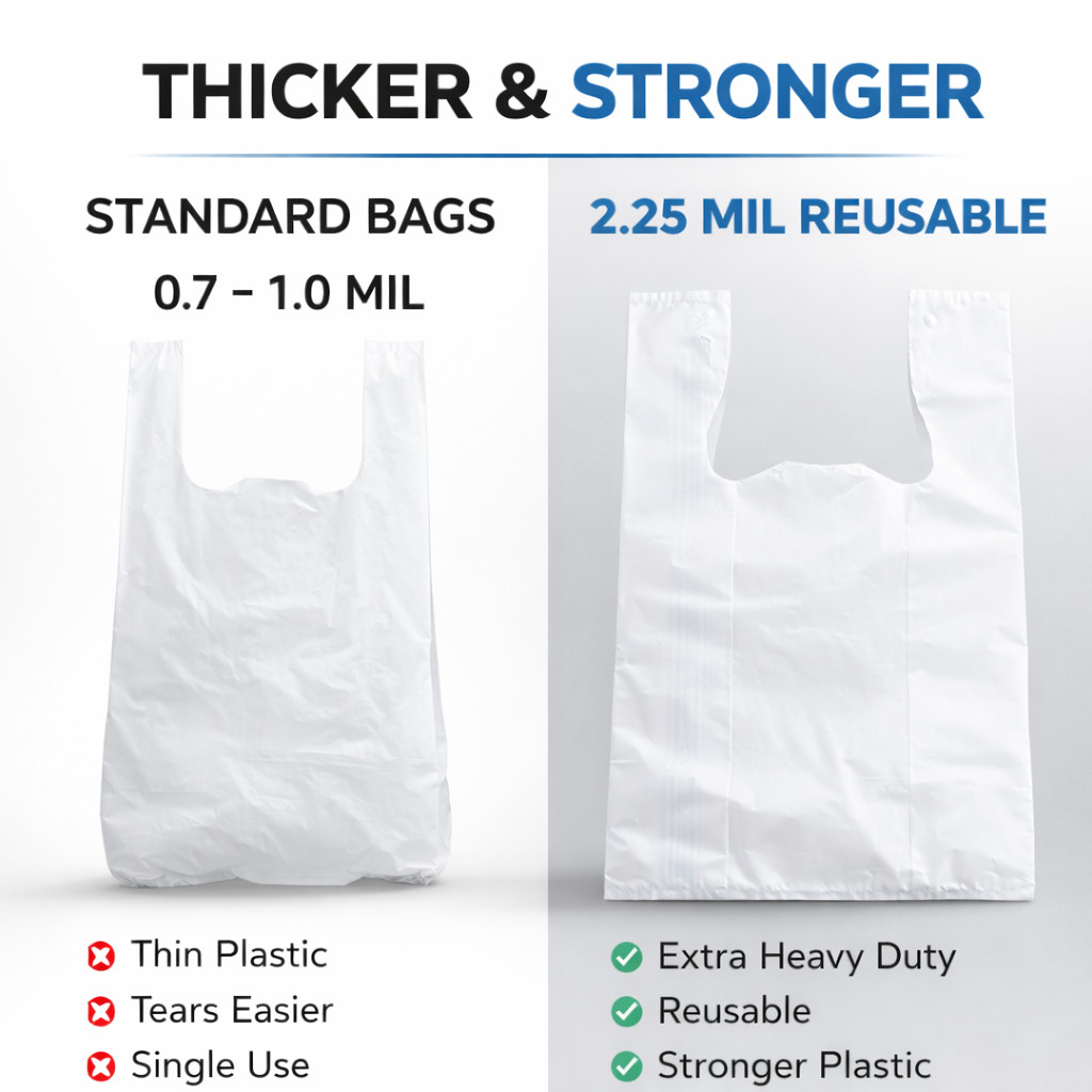 2.25 Mil Reusable Grocery White T-Shirt Bags 12x7x20 Extra Heavy Duty