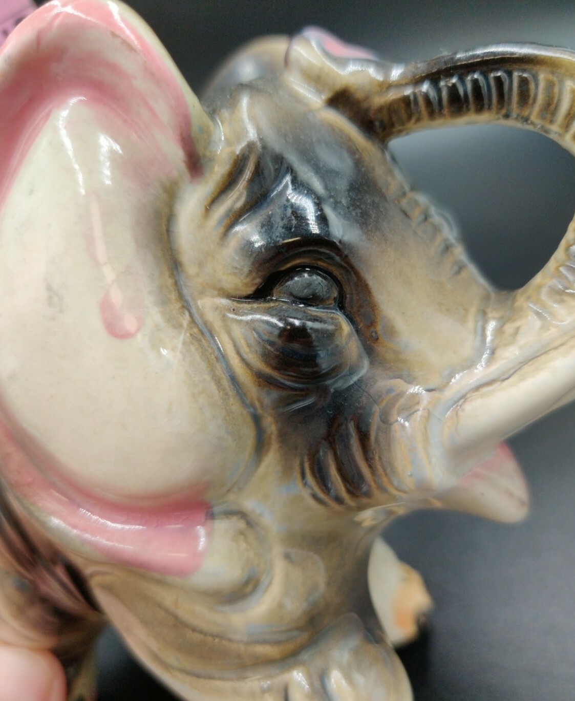 Vintage Wrinkled Ceramic Porcelain Elephant Trunk Up Figurine Good Luck