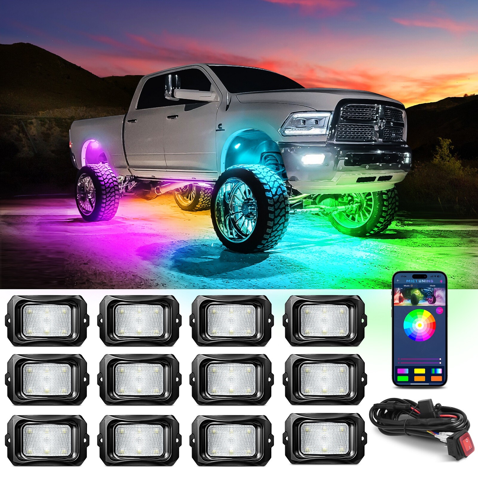MICTUNING C2 Max RGB+IC LED Rock Lights, Upgrade 12 Pods Chasing Neon Lights Kit