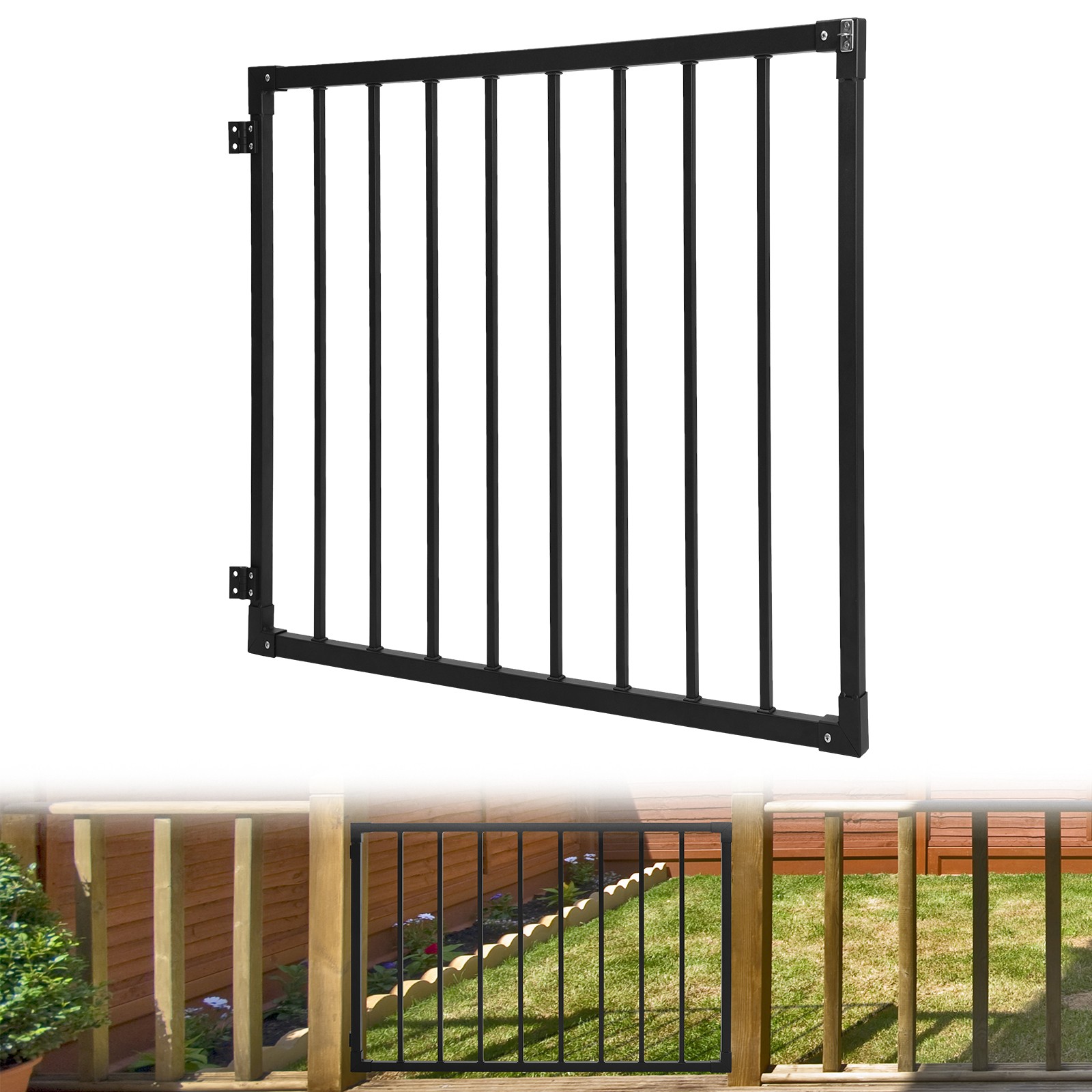 Heavy-Duty Deck Fence Gate 32.5" H x 48" W Black Metal Gate for Patio Yard Fence