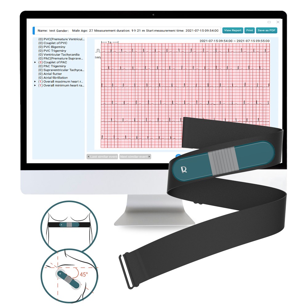 Chest Strap Continuous EKG Monitor Holter 24h Recording, PC Software AI Analysis