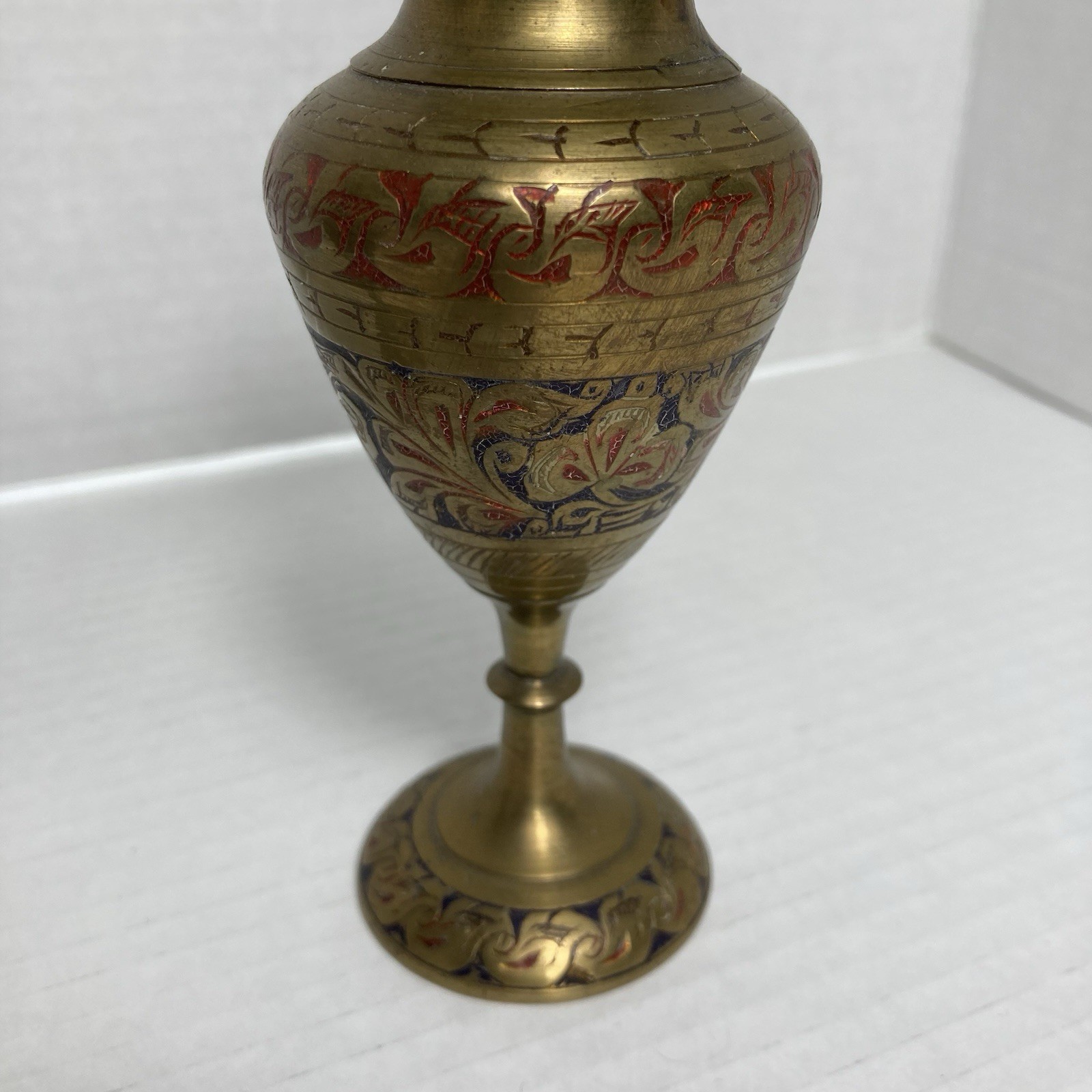 VTG Brass Etched Enameled Vases British India Scalloped Edge 6 In Art Deco MCM