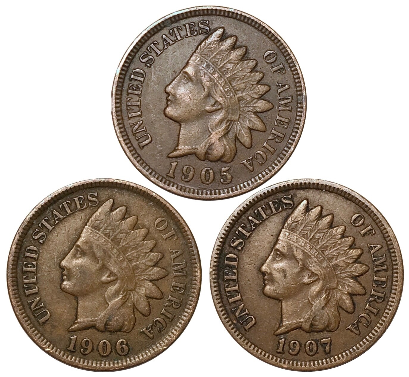 1905 1906 1907 Indian Head Cent Pennies FULL LIBERTY VF XF - Nice 3 Coin Lot!!