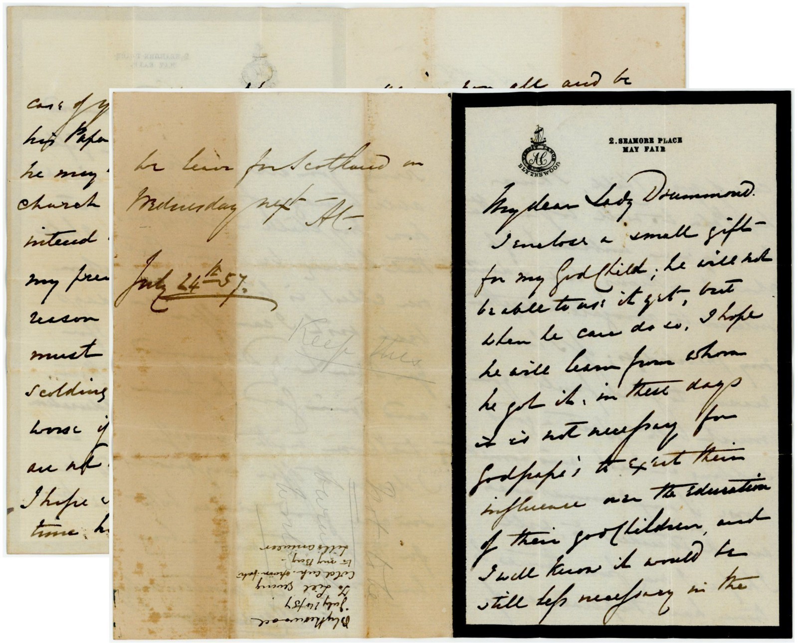 1857 LETTER BARON BLYTHSWOOD ARCHIBALD CAMPBELL MAYFAIR to LADY DRUMMOND