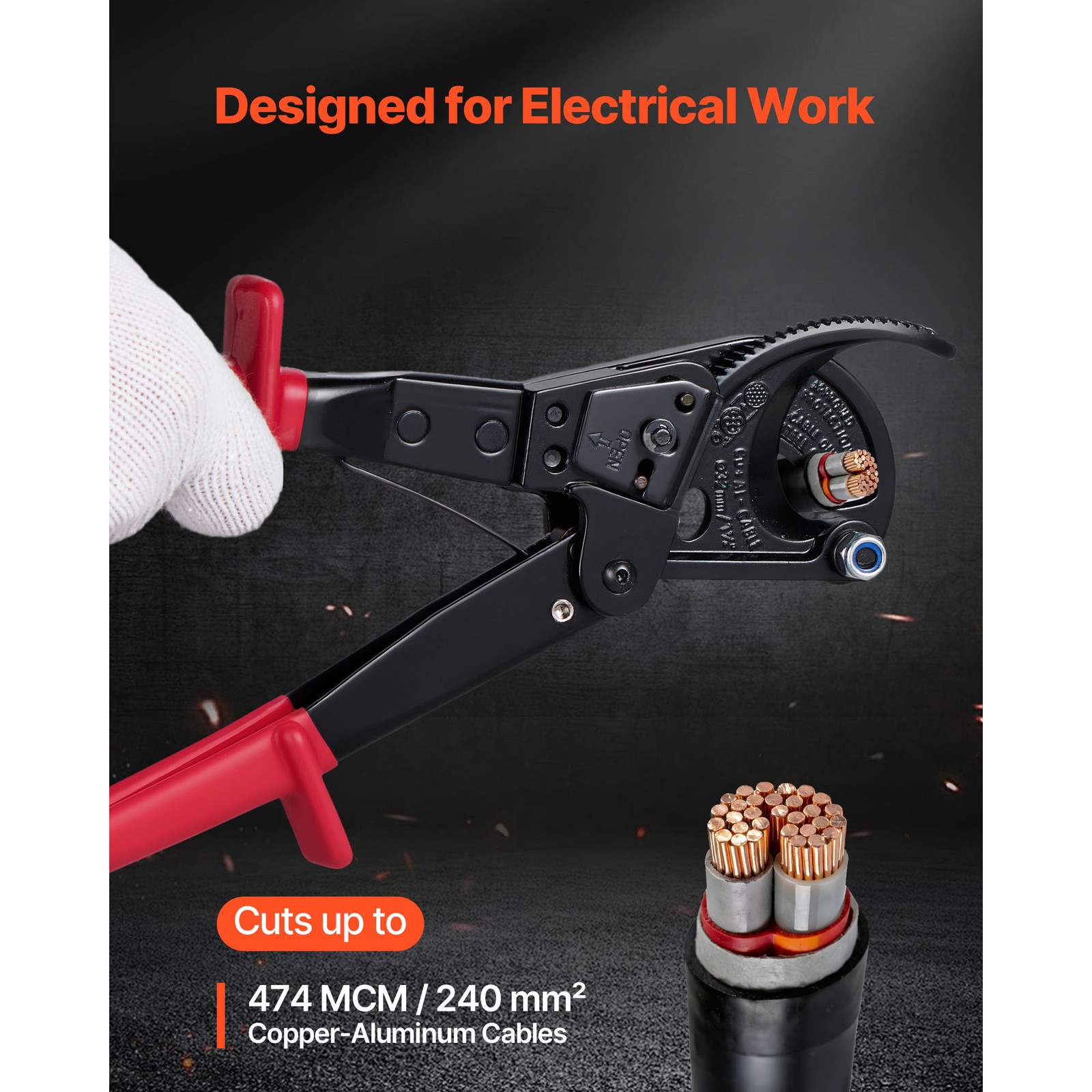 Uimoso Ratcheting Cable Cutter for Copper and Aluminum, 474 MCM / 240 mm²