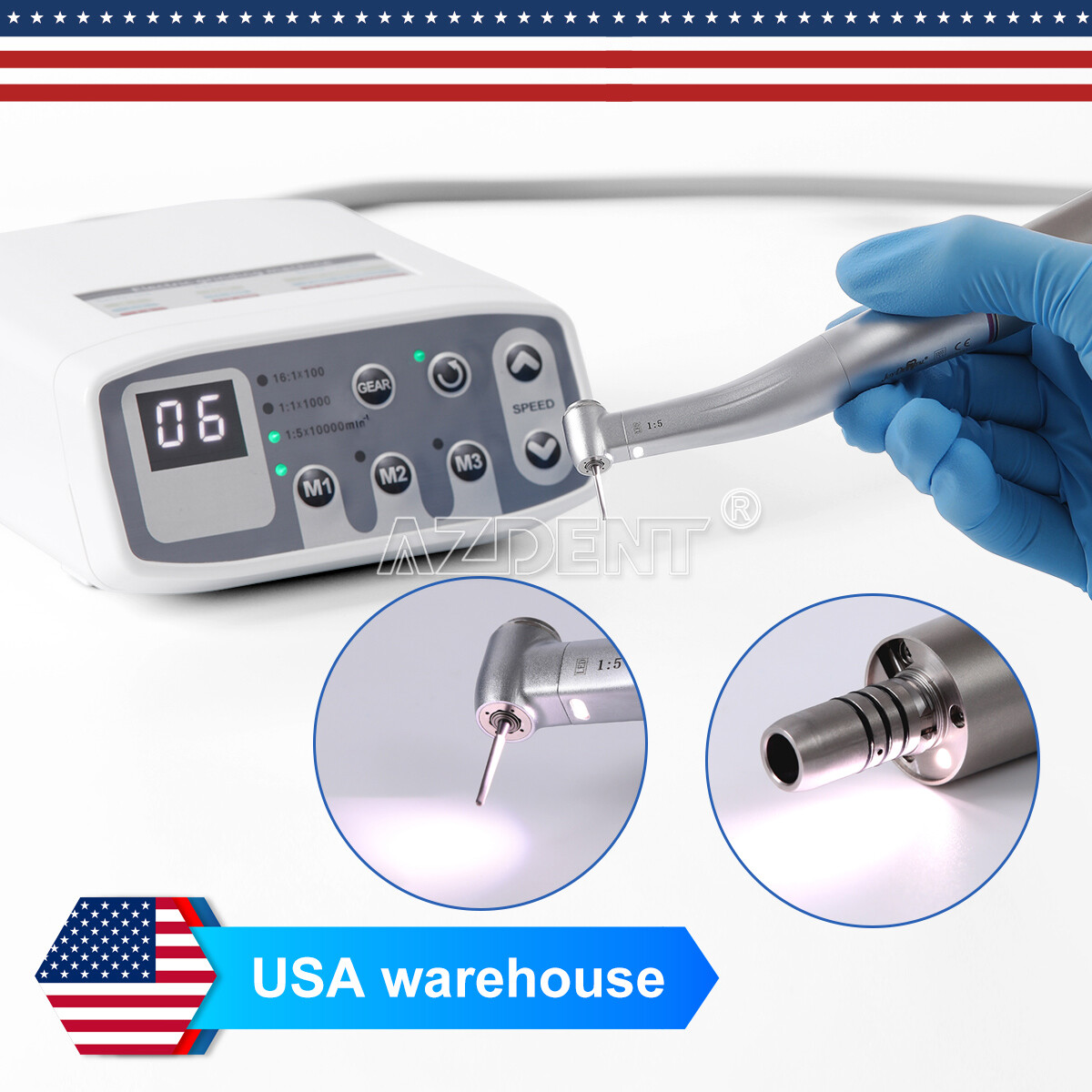 AZDENT Dental Electric LED Brushless Micro Motor/1:1/1:5 1:4.2 LED Handpiece