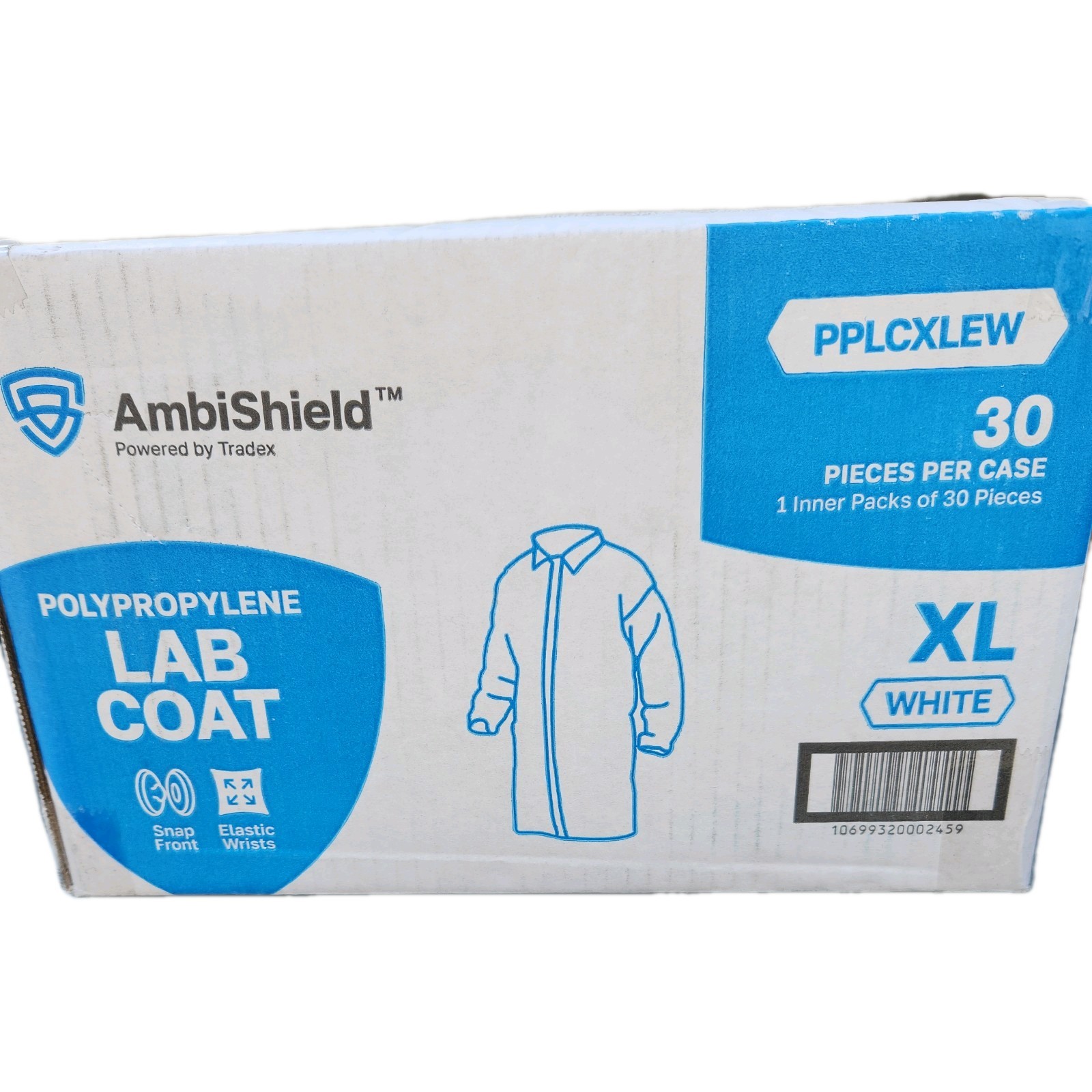 XL Lab Coat White Ambishield Disposable Polypropylene w/ snaps 30 per case