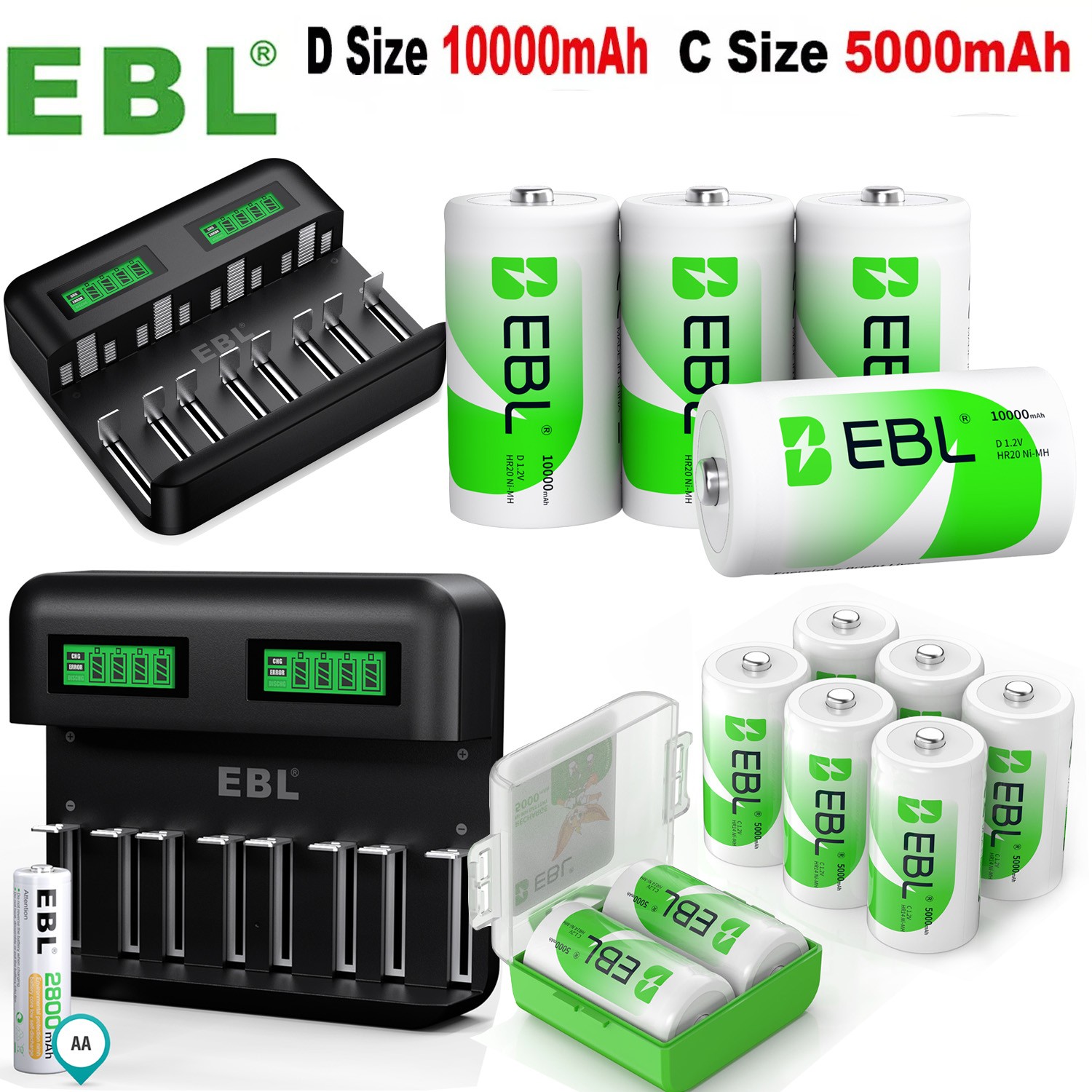 Lot D C Cell Size Rechargeable Batteries High Capacity NiMH /  Optional  Charger
