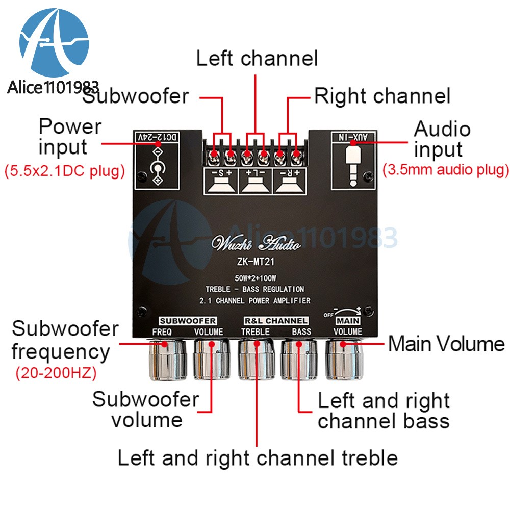 ZK-MT21 2.1Channel Bluetooth Audio Power Amplifier Board Subwoofer 50W*2+100W US