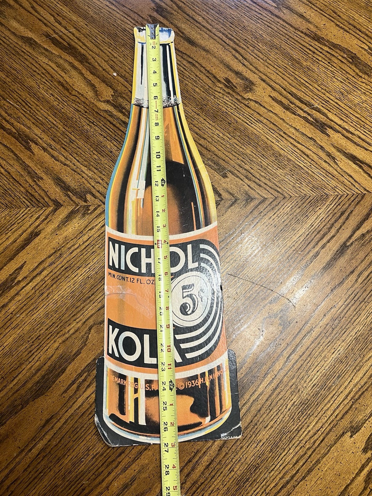Antique 1936 Nichol Kola Cardboard Soda Bottle Advertising Sign