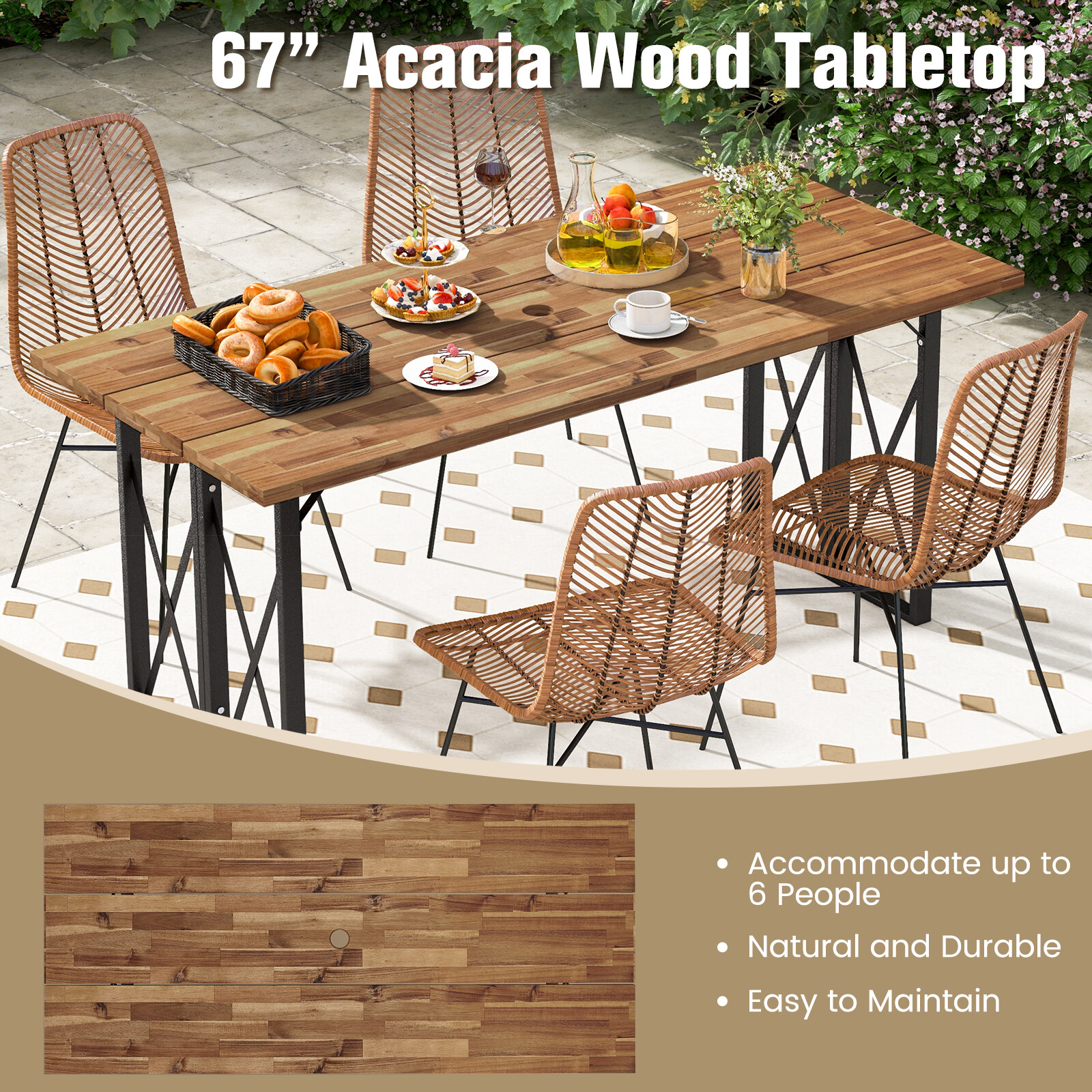 Patio 67" Rectangle Table Heavy-Duty Acacia Wood Dining Table with Umbrella Hole