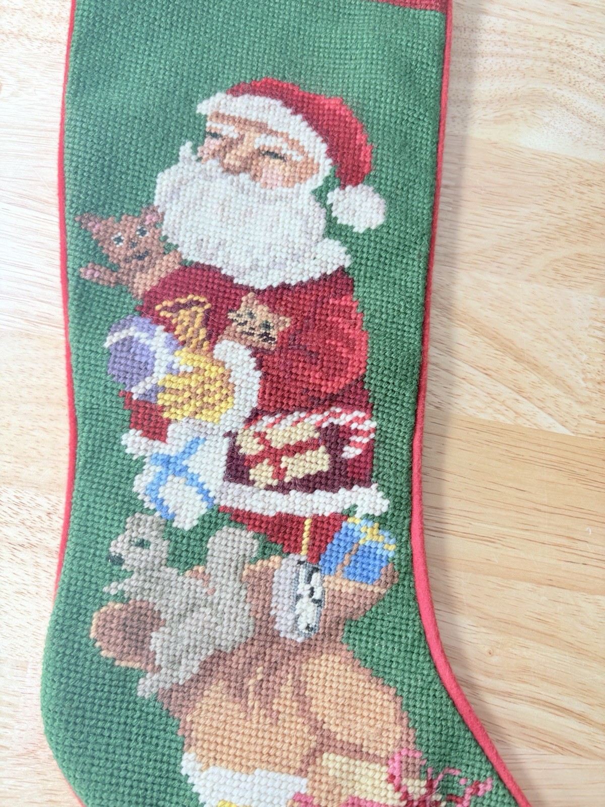 VTG Wool Needlepoint Christmas Stocking Santa Squirrel Bear Presents Felt 22”